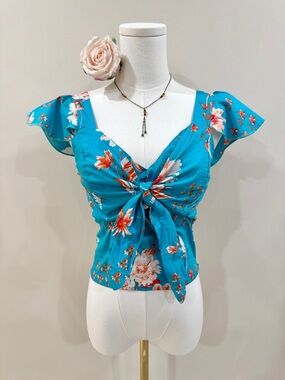 Summer Floral Tie Front Top Boho Flutter Sleeve Aqua Orange Size M Milkmaid Crop